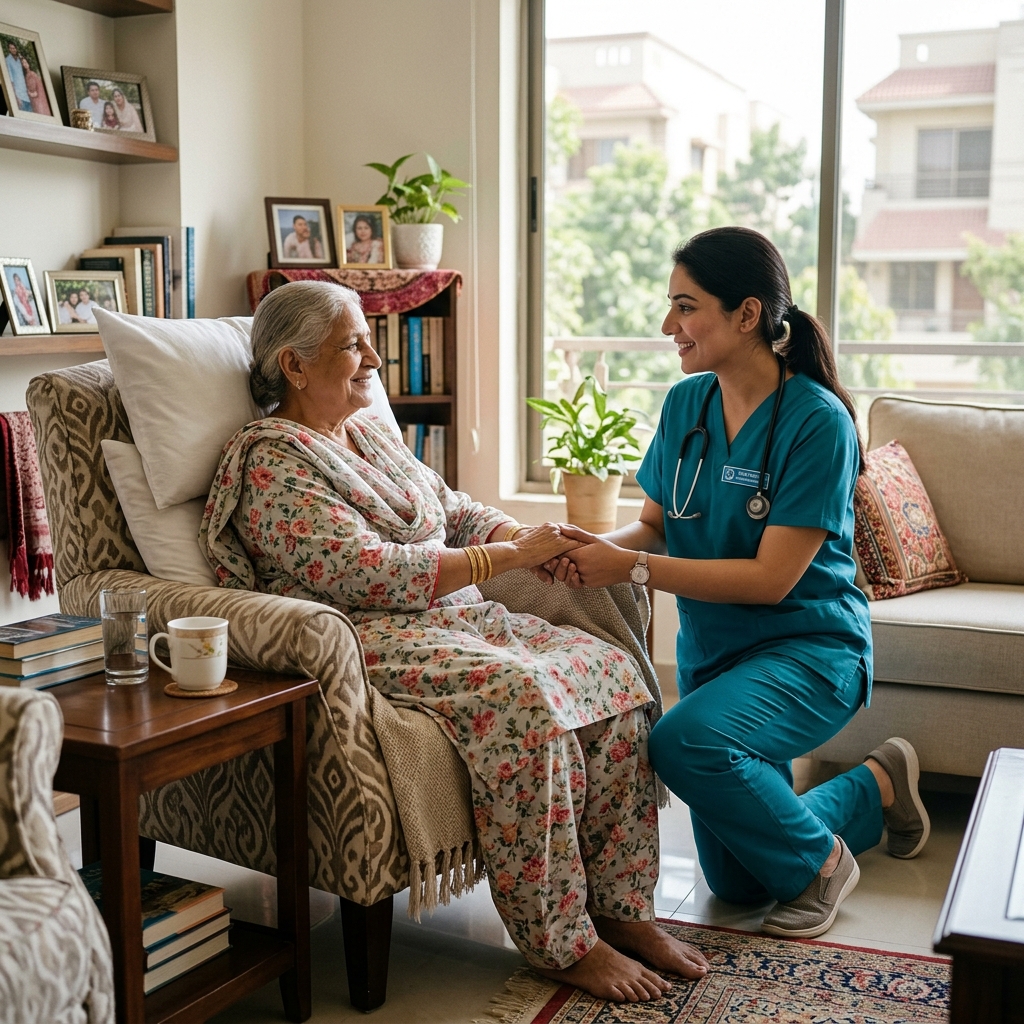 Registered staff nurse providing compassionate home care to elderly patient in Karachi